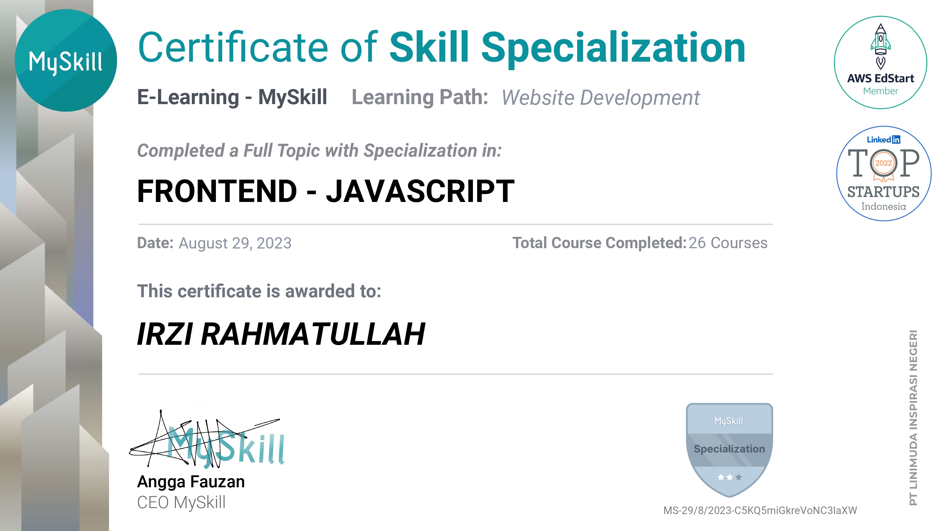 Sertificate from MySkills